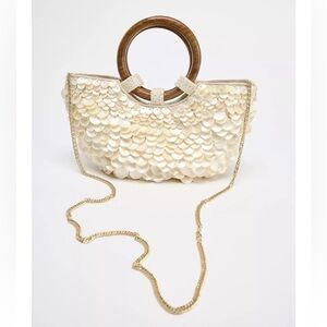 Zara Cream Shell Bag with Wooden Handle